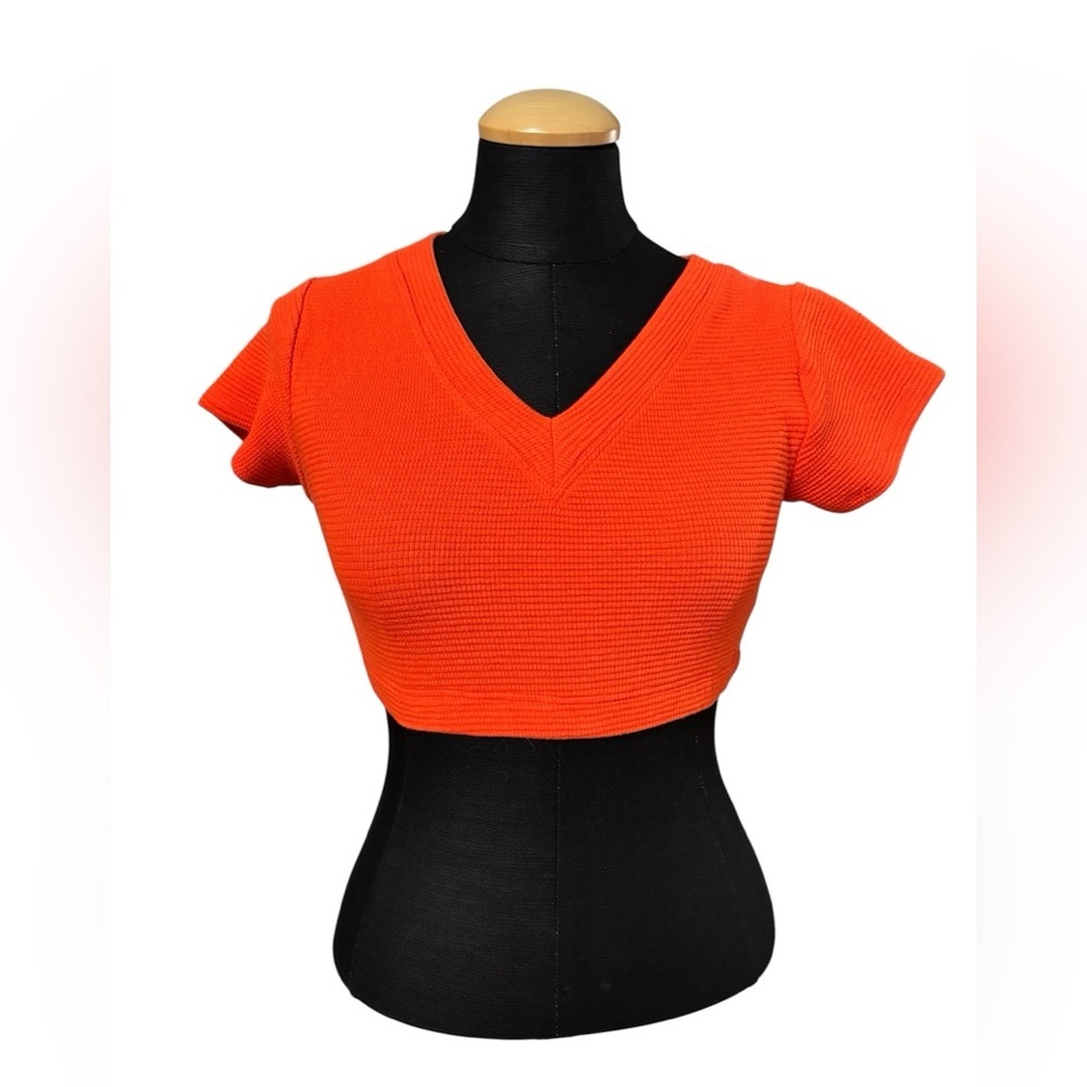 Madewell MWL Waffle Knit V-Neck Crop Tee - Vibrant Orange - Small